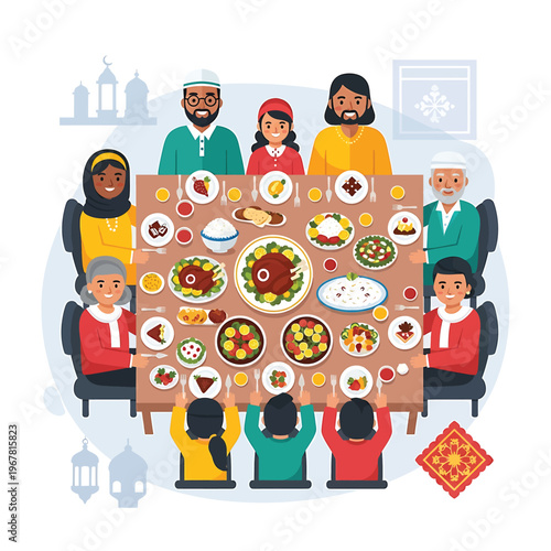 People sitting around food table 1.