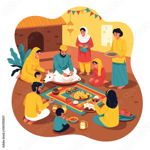People sitting on floor eating meal.