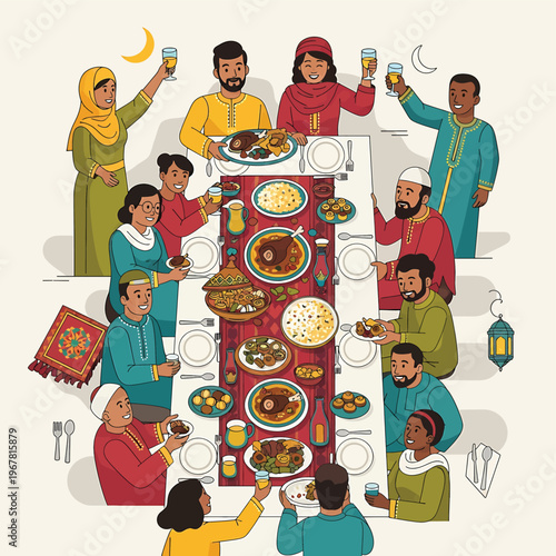 People sitting around food table.