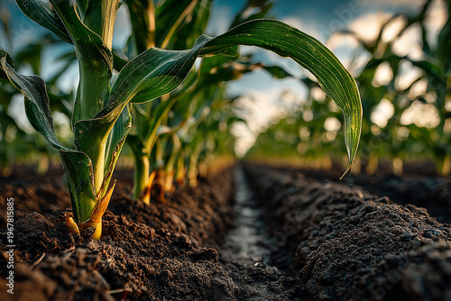 Close-up of vibrant green corn stalks growing in straight rows of dark soil under a soft, hazy summer sky.