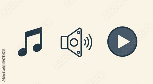 Music, Sound, Play Icons: Note, Speaker, Play Button on Cream Background