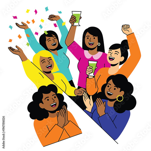 Diverse women celebrate with drinks.