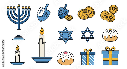 Hanukkah Symbols Collection: Menorah, Dreidel, Gelt, Candles, Star of David, Sufganiyot, Gift Box