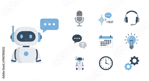 Robot Assistant and AI Icons set: Chatbot, Microphone, Voice Recognition, Headphones, Calendar, Lightbulb, Clock, Gears