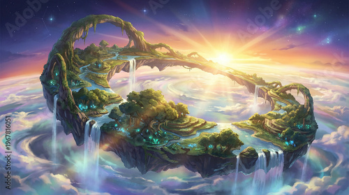 Fantasy Floating Island Landscape with Majestic Waterfalls Vibrant Sky and Glowing Plants