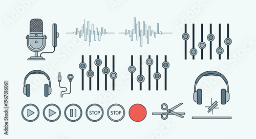 Audio Production Icons: Microphone, Sound Waves, Equalizer, Headphones, Controls