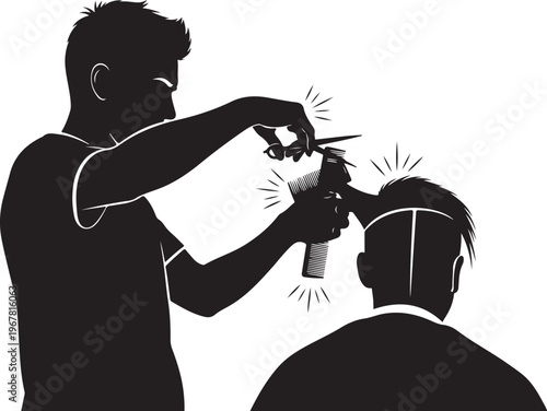 Black silhouette of barber cutting hair with clippers