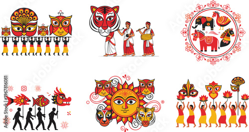 Bengali New Year Mangal Shobhajatra festival vector set featuring traditional masks tiger owl puppets folk motifs and cultural parade elements.