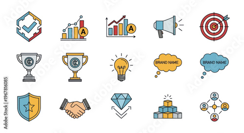 Business Success Icons: Trophies, Goals, Ideas, Brand, Strategy, Teamwork, Finance