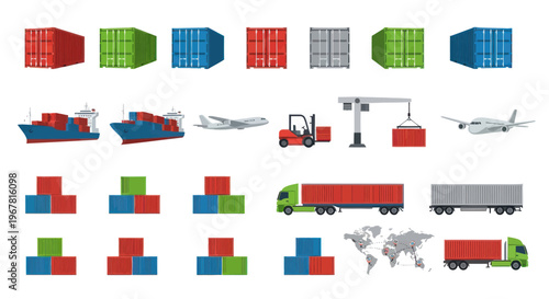 Global Logistics Icons: Shipping Containers, Cargo Ship, Airplane, Truck, Forklift, World Map