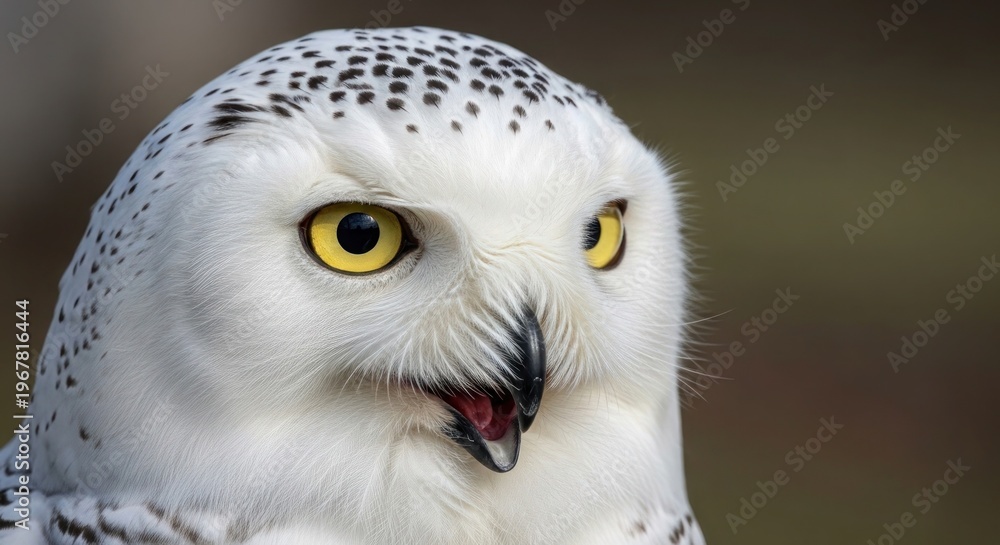 Obraz premium Closeup of a snowy owl with yellow eyes and black spots on white feathers looking directly at the camera