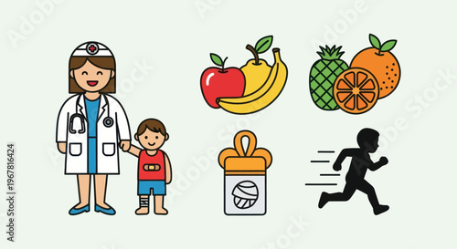 Doctor with child, healthy food, medicine, and running kid icons on light background