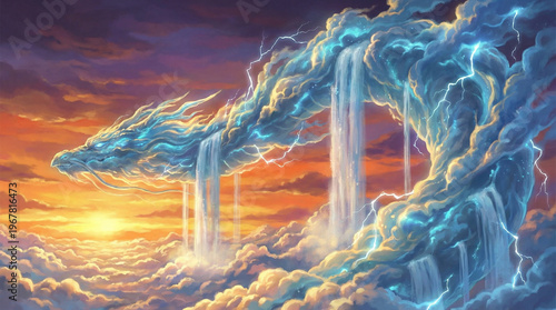 Dragon Shaped Cloud with Cascading Waterfalls and Lightning at Sunset