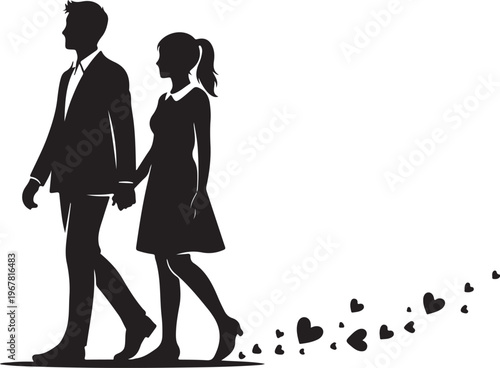 Black silhouette of couple holding hands with hearts trailing behind