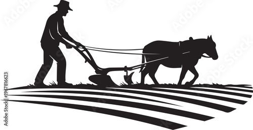 Black silhouette of man plowing field with ox