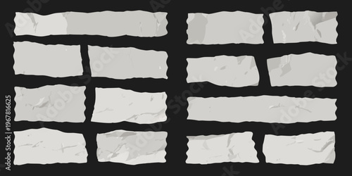 Collection of torn paper scraps arranged in a grid pattern