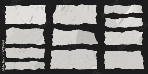 Collection of torn paper pieces arranged in a grid pattern