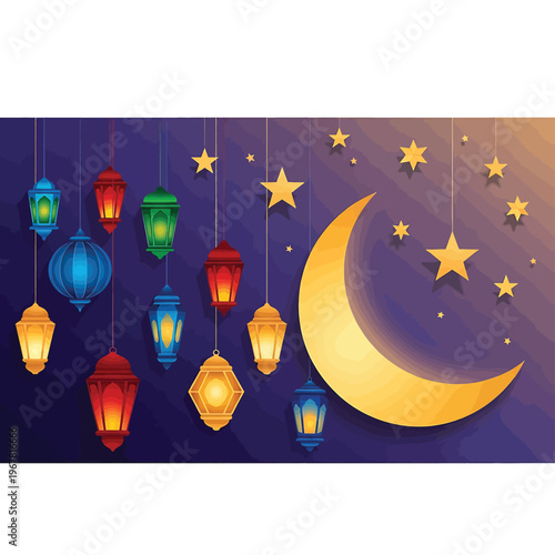 Ramadan lanterns and crescent moon.