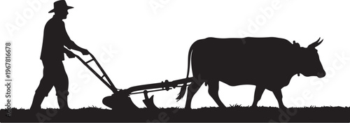Black silhouette of man plowing field with ox 1