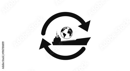 Global Shipping Logistics Icon: Ship, Earth, and Circular Arrows