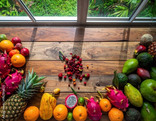 Vibrant Tropical Fruit Medley on Rustic Wooden Table with Lush Greenery Background.