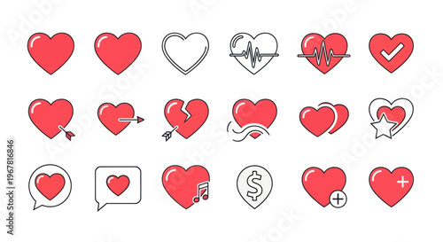 Diverse Heart Icons Collection: Love, Health, and Emotion Symbols