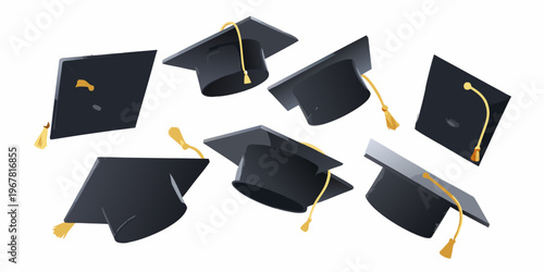 Several black graduation caps are tossed in the air celebrating success