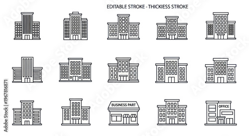 Set of modern office building icons, linear style
