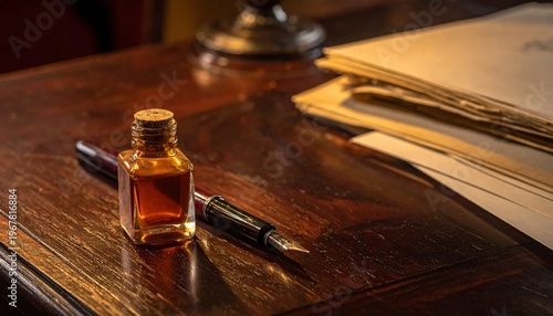 Vintage Desk with Inkwell, Pen, and Stack of Old Papers.
