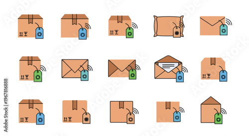 Delivery Icons: Packages and Envelopes with Smart Tags and Wifi Signals