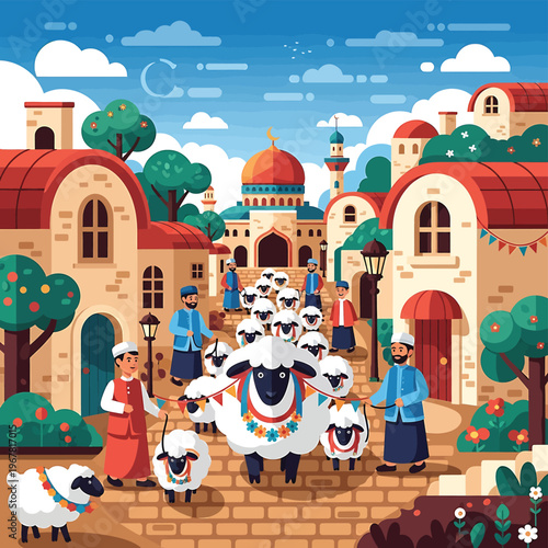 Sheep Decorated with Colorful Garlands Walking.