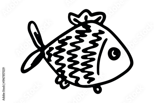 Hand drawn happy funny cute fish Adorable friendly kawaii tropical fish Underwater world sea life ocean Fishing seafood For design, kids print, kids books, nursery decor, coloring pages, logo