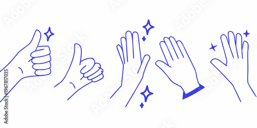 A collection of blue line art hands displaying various positive gestures
