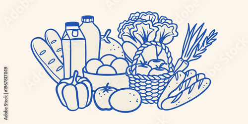 A bountiful collection of fresh produce and grocery items in blue line art