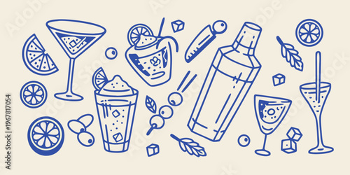 Blue line art illustration of various cocktails olives and citrus fruits