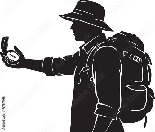 Black silhouette of man with backpack and hat holding compass