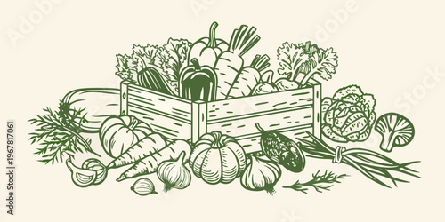 A bountiful harvest of fresh vegetables spilling from a wooden crate