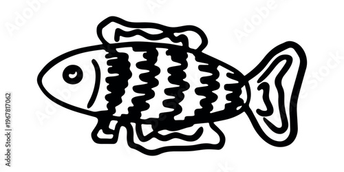 Hand drawn happy funny cute fish Adorable friendly kawaii tropical fish Underwater world sea life ocean Fishing seafood For design, kids print, kids books, nursery decor, coloring pages, logo