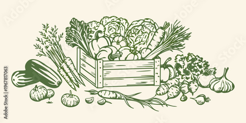 A wooden crate overflowing with a vibrant assortment of fresh vegetables