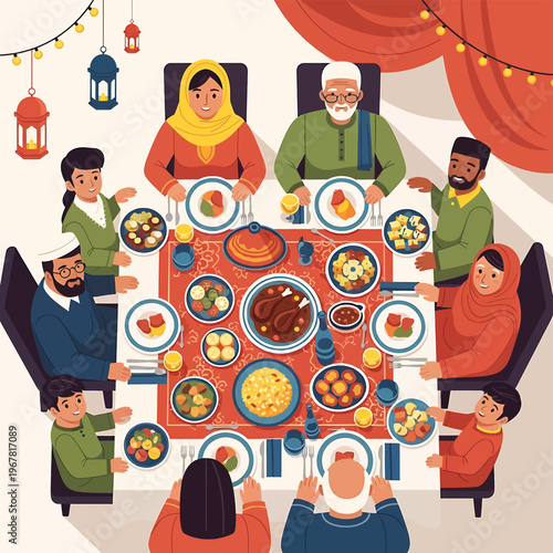 Family sitting around dining table eating.