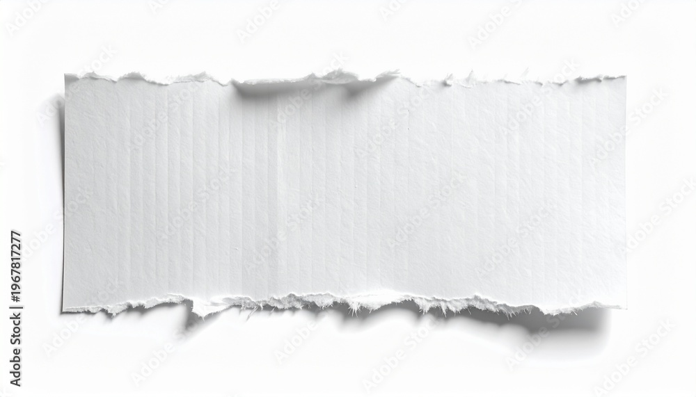 Fototapeta premium A torn piece of white corrugated cardboard with a slightly uneven and jagged edge casting a shadow on a white background, providing a rustic and textured element for design projects