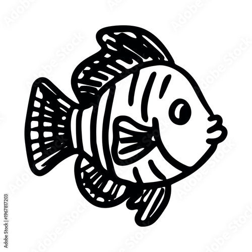 Hand drawn happy funny cute fish Adorable friendly kawaii tropical fish Underwater world sea life ocean Fishing seafood For design, kids print, kids books, nursery decor, coloring pages, logo