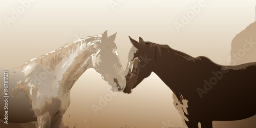 Two horses nuzzle closely together in a hazy monochromatic scene