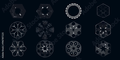 Collection of detailed geometric radiolarian illustrations on a dark background