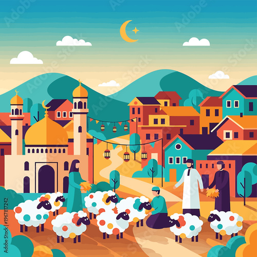 Shepherd and sheep in village scene.