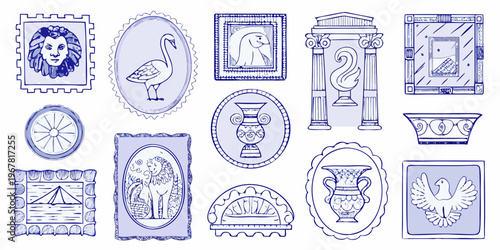 Collection of vintage framed sketches and ornamental designs in blue