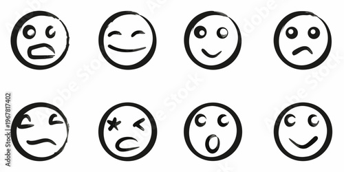 Simple black and white hand drawn illustrations of various facial expressions