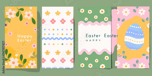 Four colorful easter cards with floral patterns and festive greetings