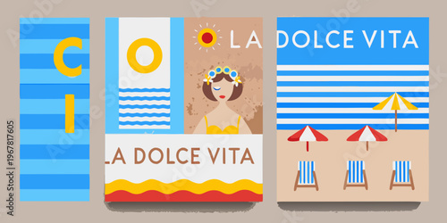 Stylized illustration depicting a retro beach scene with text and icons