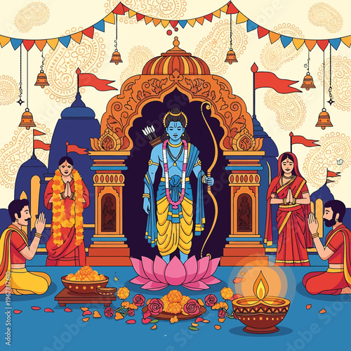 Hindu God Rama with devotees worshipping.